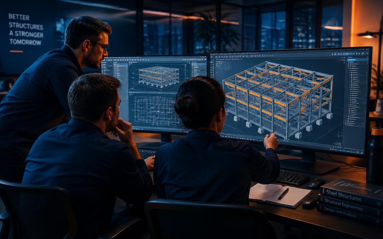 Engineers reviewing a 3D steel model